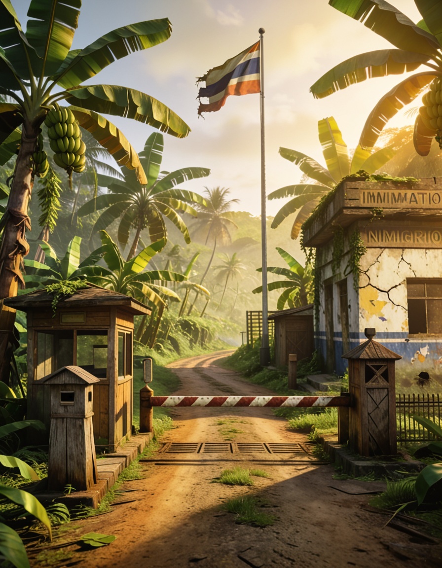 abandoned border ch3ckp01ntabandoned border checkpoint,  tropical island,  banana plantation on Tensor.Art