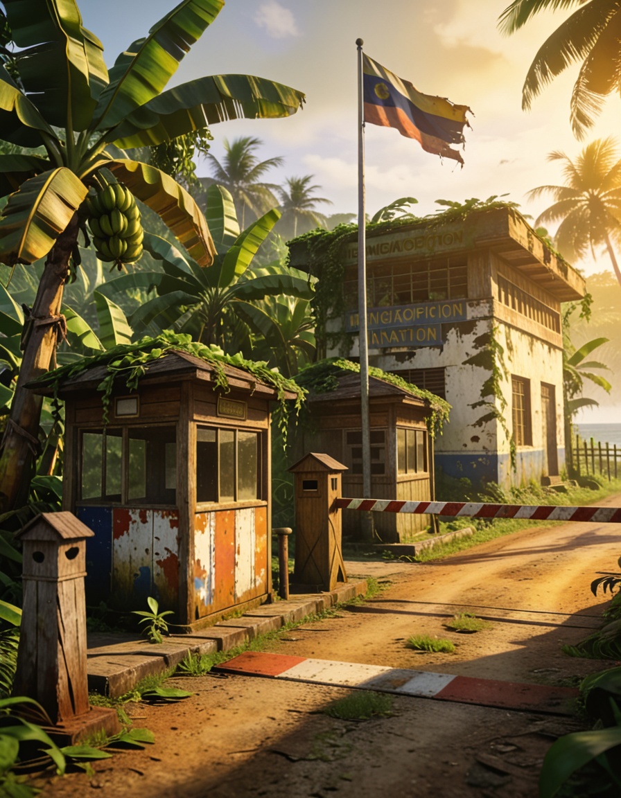abandoned border ch3ckp01ntabandoned border checkpoint,  tropical island,  banana plantation on Tensor.Art