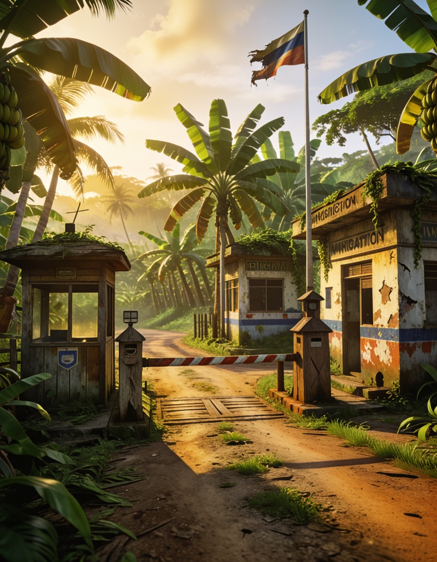 abandoned border ch3ckp01ntabandoned border checkpoint,  tropical island,  banana plantation on Tensor.Art