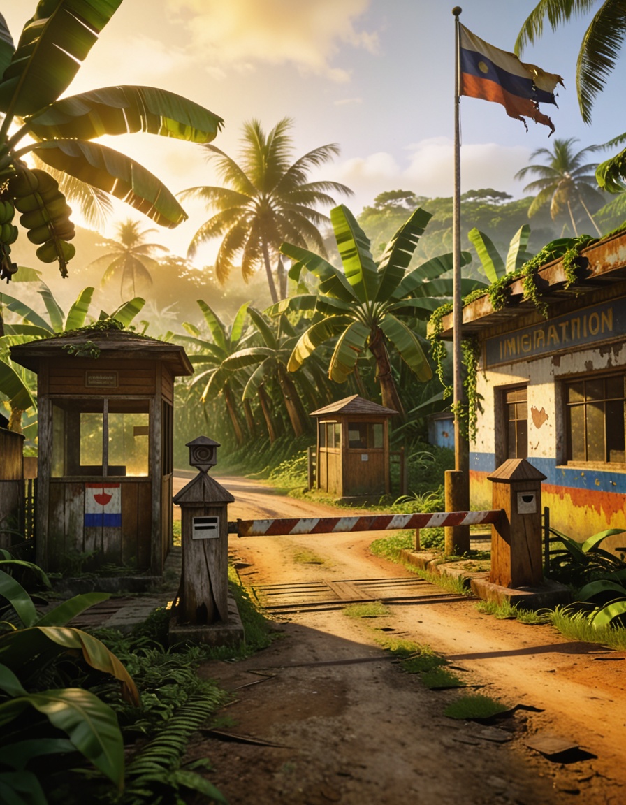 abandoned border ch3ckp01ntabandoned border checkpoint,  tropical island,  banana plantation on Tensor.Art