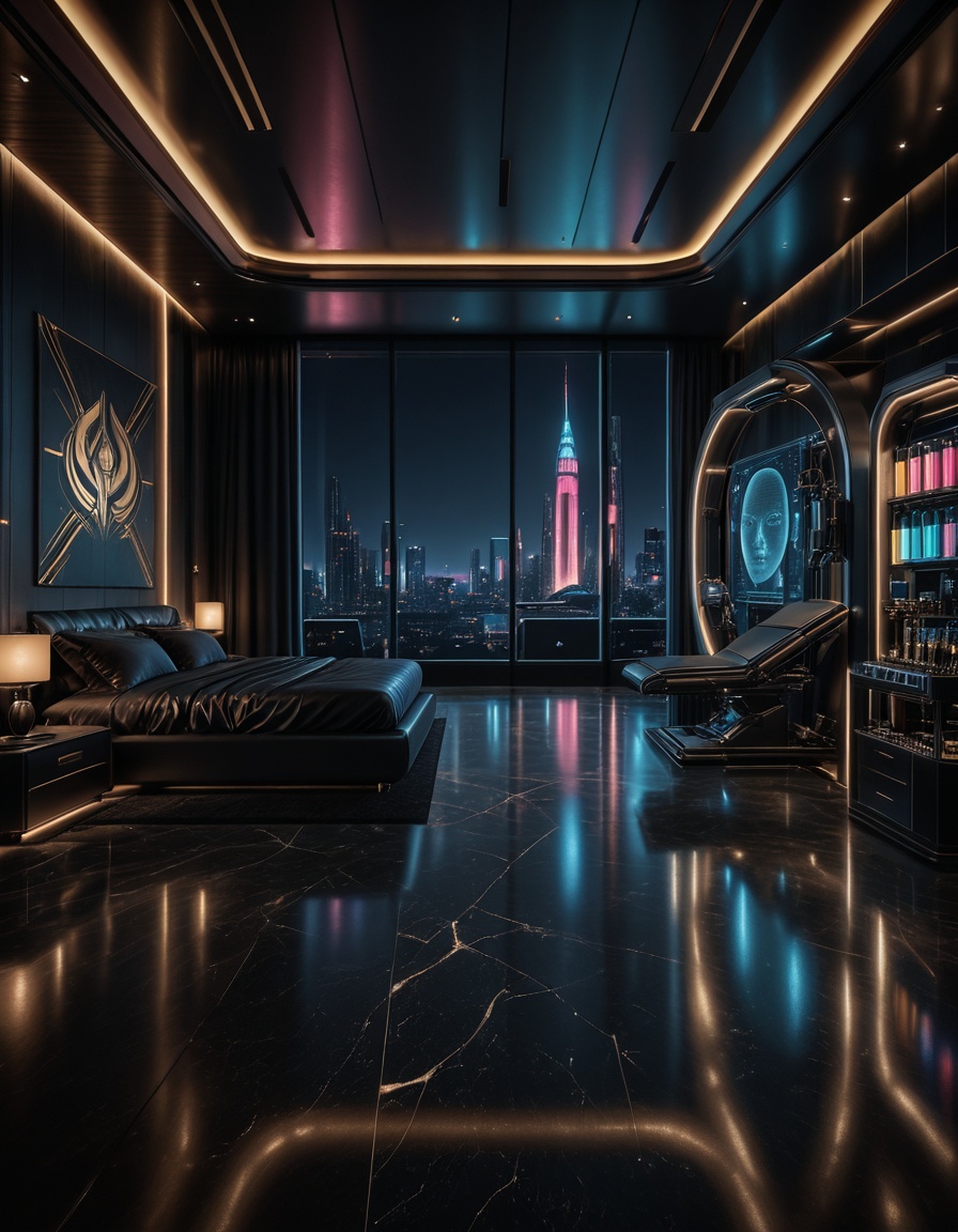 private cyberpunk penthouse b3dr00multra-luxurious private cyberpunk penthouse bedroom at night,  panoramic floor-to-ceili...