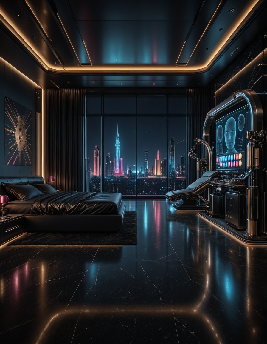 private cyberpunk penthouse b3dr00multra-luxurious private cyberpunk penthouse bedroom at night,  panoramic floor-to-ceili...