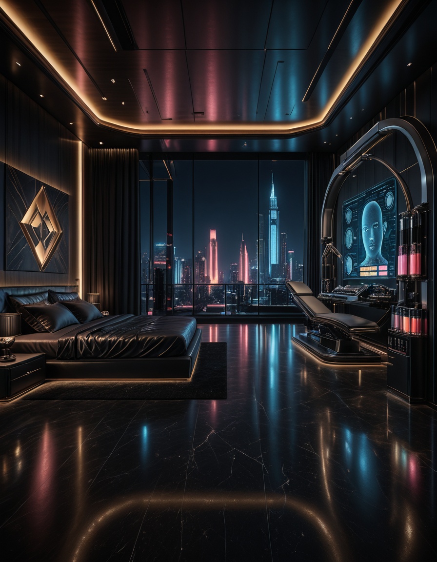 private cyberpunk penthouse b3dr00multra-luxurious private cyberpunk penthouse bedroom at night,  panoramic floor-to-ceili...