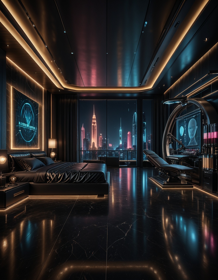 private cyberpunk penthouse b3dr00multra-luxurious private cyberpunk penthouse bedroom at night,  panoramic floor-to-ceili...