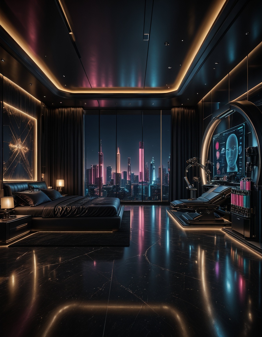 private cyberpunk penthouse b3dr00multra-luxurious private cyberpunk penthouse bedroom at night,  panoramic floor-to-ceili...