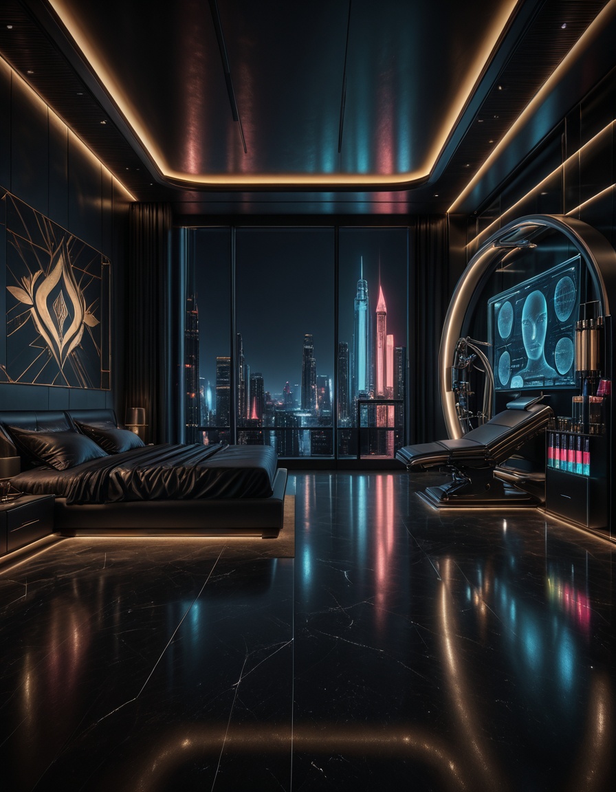 private cyberpunk penthouse b3dr00multra-luxurious private cyberpunk penthouse bedroom at night,  panoramic floor-to-ceili...