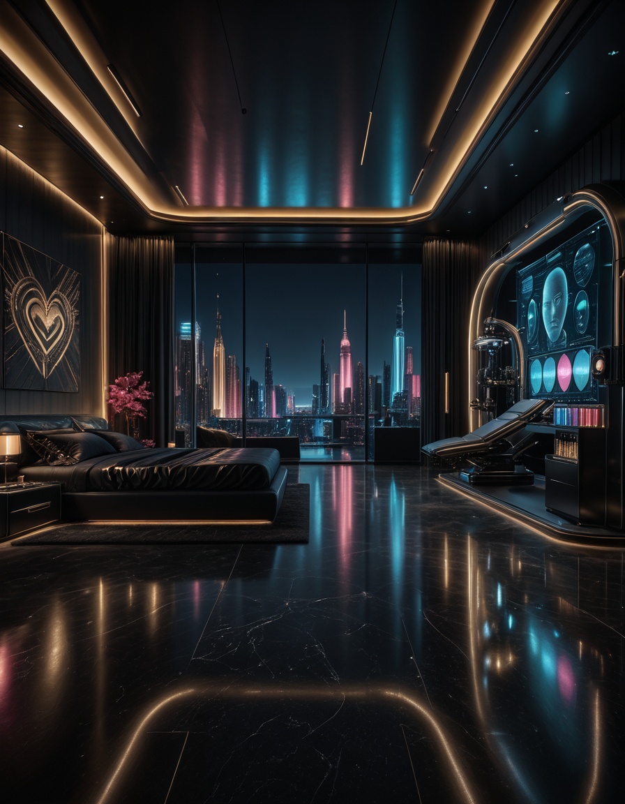 private cyberpunk penthouse b3dr00multra-luxurious private cyberpunk penthouse bedroom at night,  panoramic floor-to-ceili...