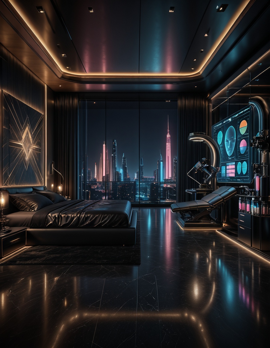 private cyberpunk penthouse b3dr00multra-luxurious private cyberpunk penthouse bedroom at night,  panoramic floor-to-ceili...
