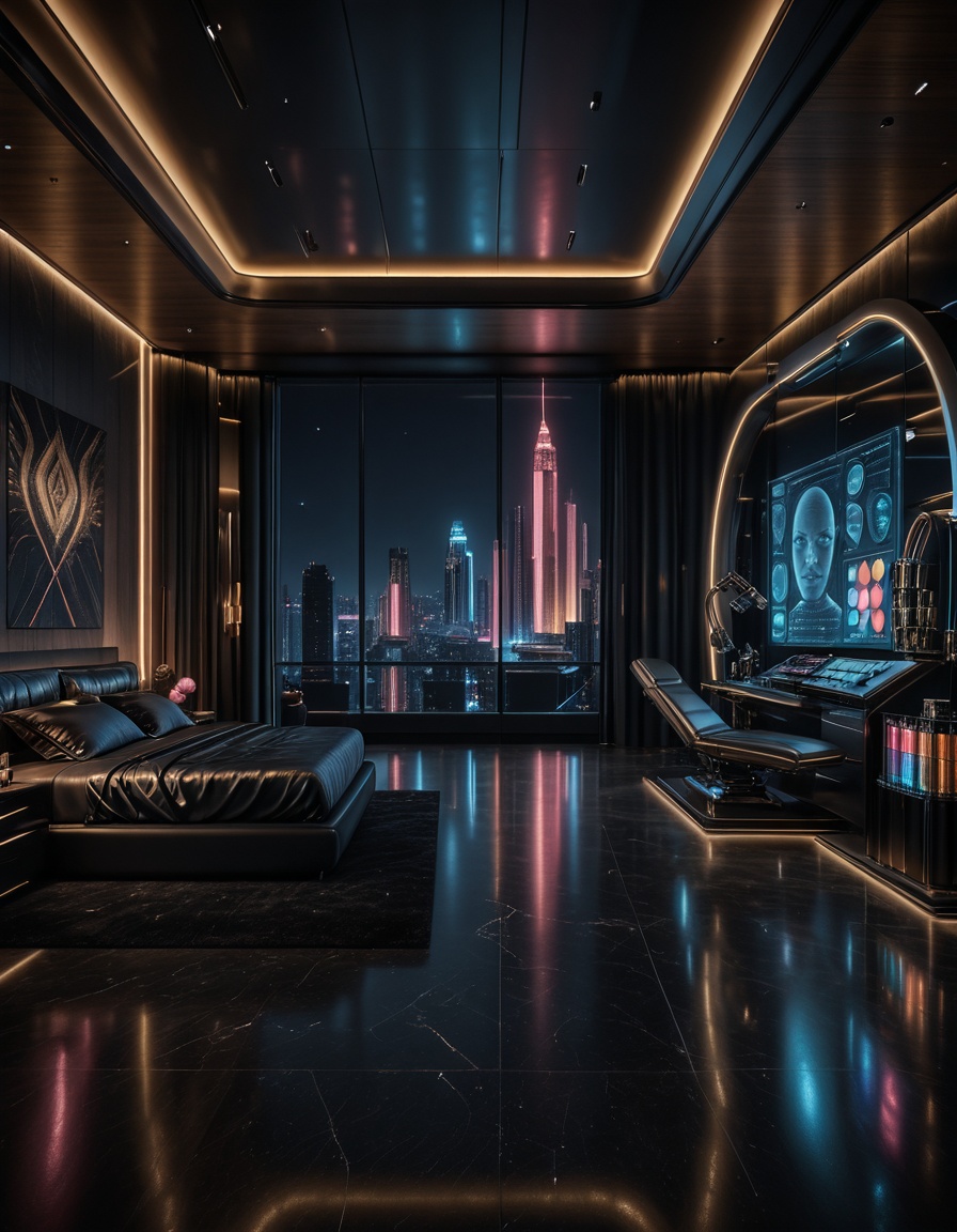 private cyberpunk penthouse b3dr00multra-luxurious private cyberpunk penthouse bedroom at night,  panoramic floor-to-ceili...