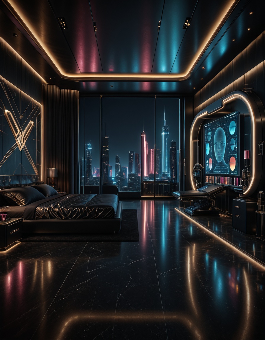 private cyberpunk penthouse b3dr00multra-luxurious private cyberpunk penthouse bedroom at night,  panoramic floor-to-ceili...