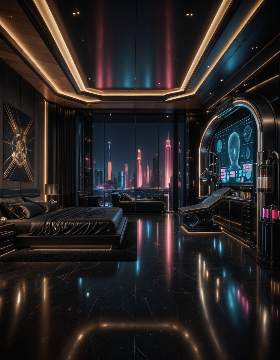 private cyberpunk penthouse b3dr00multra-luxurious private cyberpunk penthouse bedroom at night,  panoramic floor-to-ceili...