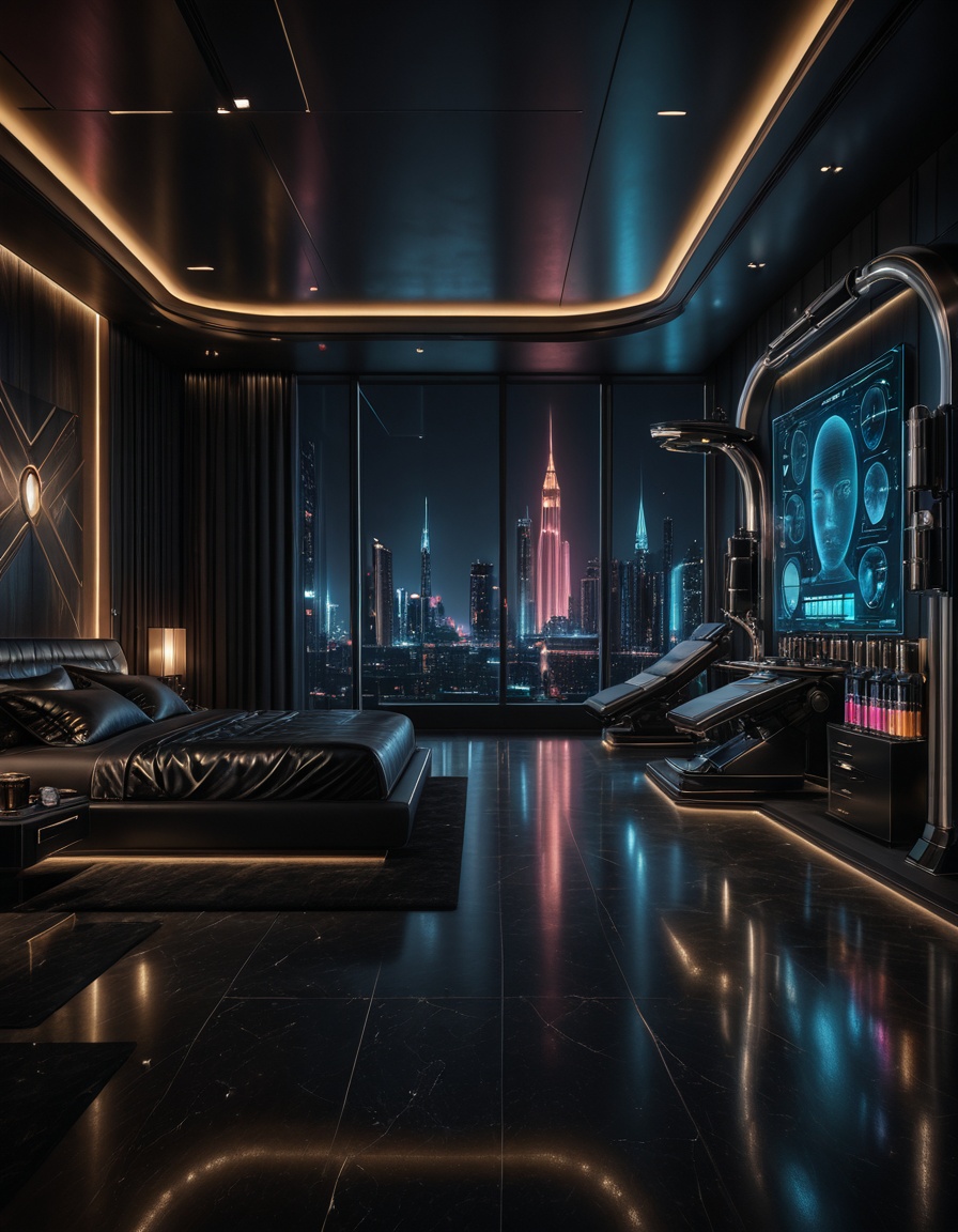 private cyberpunk penthouse b3dr00multra-luxurious private cyberpunk penthouse bedroom at night,  panoramic floor-to-ceili...