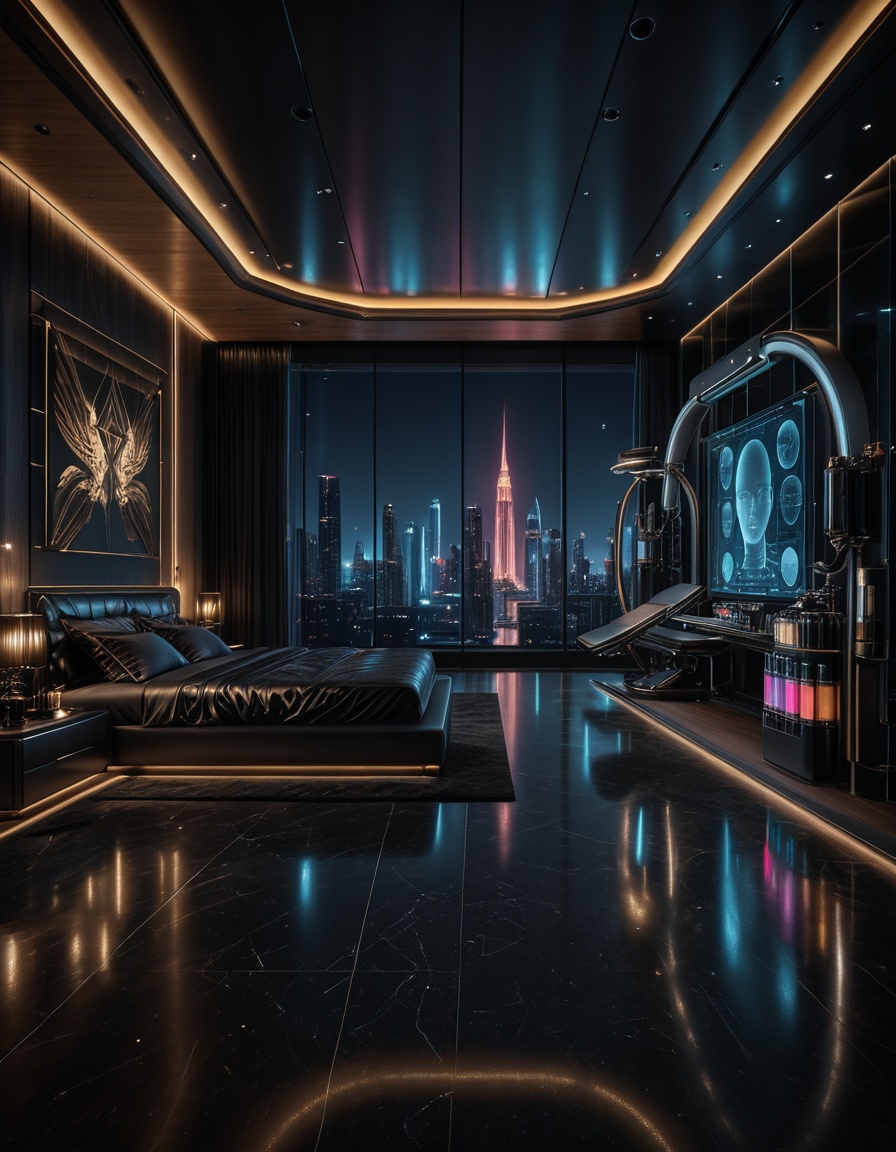private cyberpunk penthouse b3dr00multra-luxurious private cyberpunk penthouse bedroom at night,  panoramic floor-to-ceili...