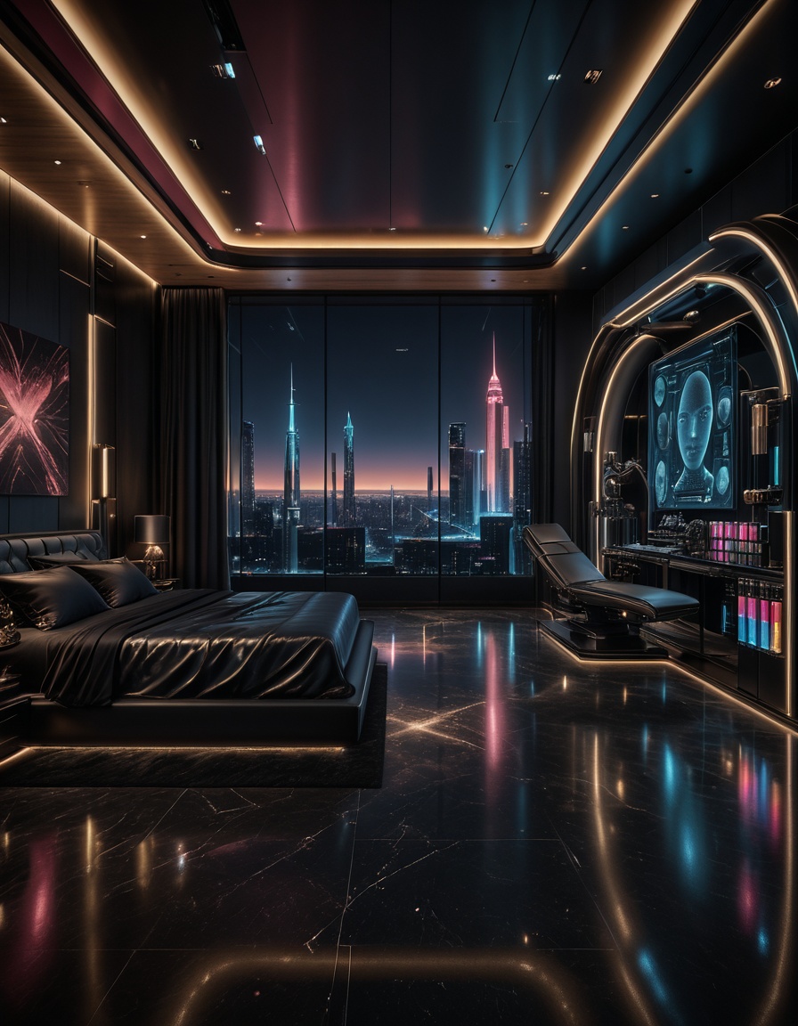 private cyberpunk penthouse b3dr00multra-luxurious private cyberpunk penthouse bedroom at night,  panoramic floor-to-ceili...