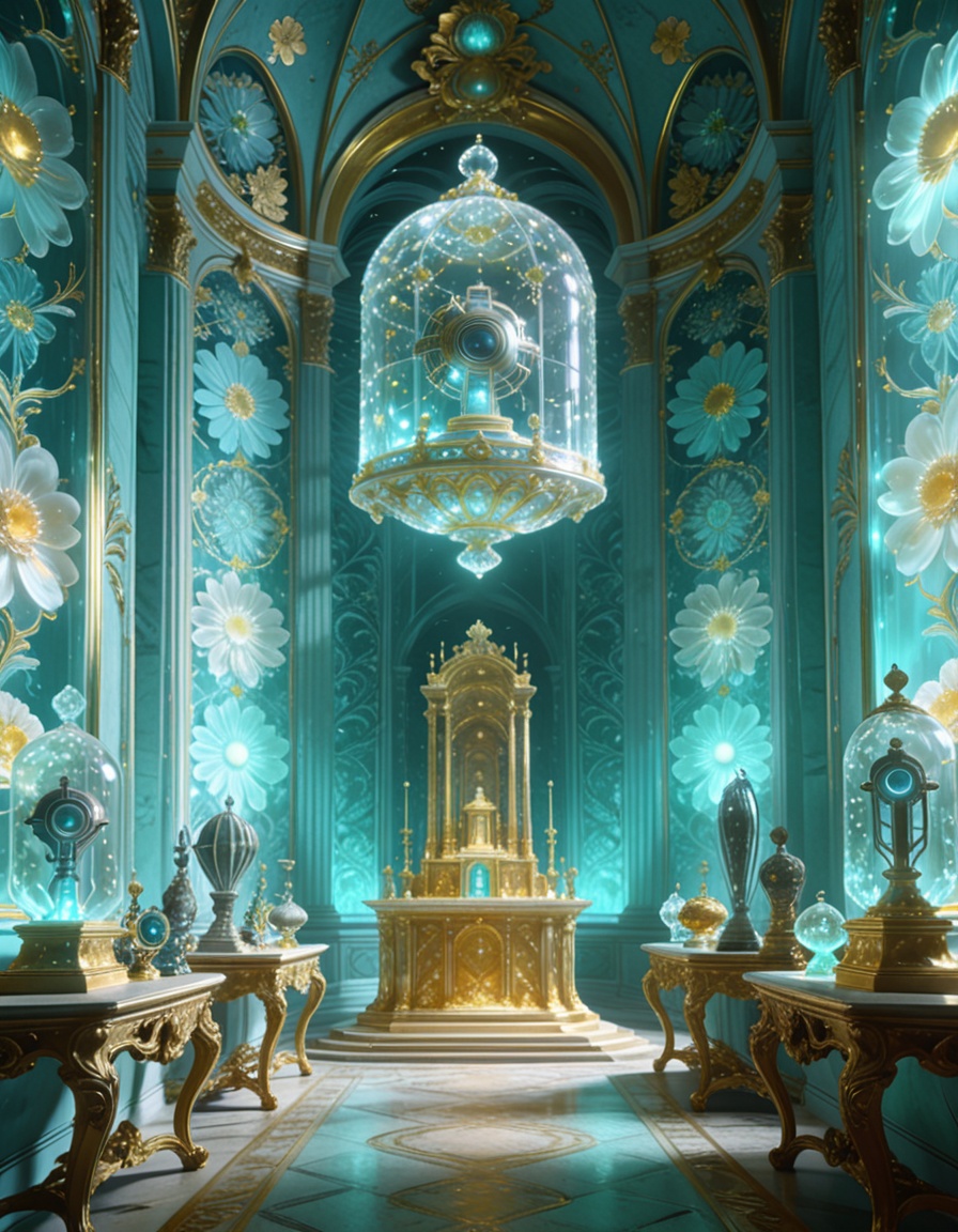 post-human rococo offering chamber,  alien artifacts arranged on Louis XV consoles,  gilded altars too tall for human hand...