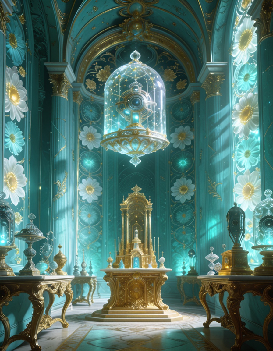 post-human rococo offering chamber,  alien artifacts arranged on Louis XV consoles,  gilded altars too tall for human hand...