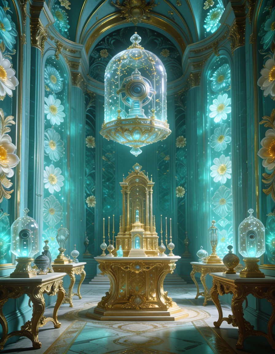 post-human rococo offering chamber,  alien artifacts arranged on Louis XV consoles,  gilded altars too tall for human hand...