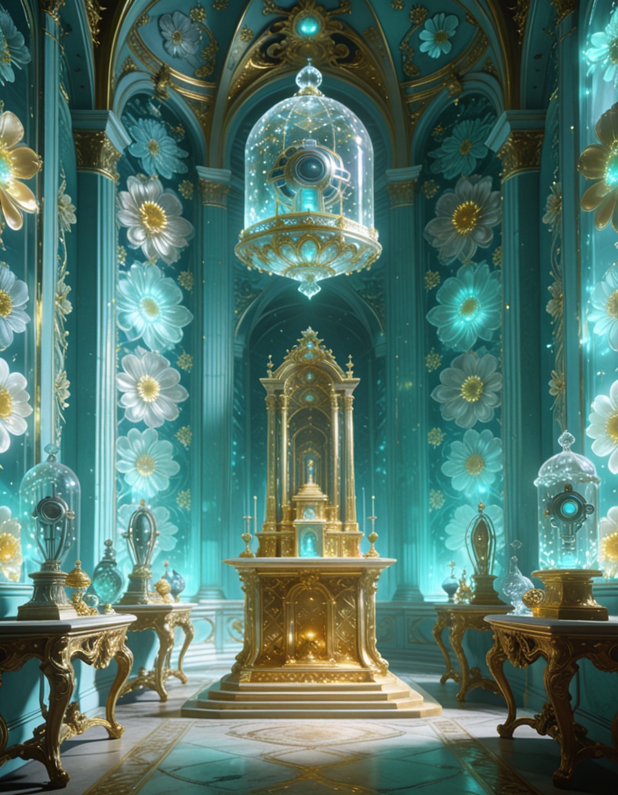 post-human rococo offering chamber,  alien artifacts arranged on Louis XV consoles,  gilded altars too tall for human hand...