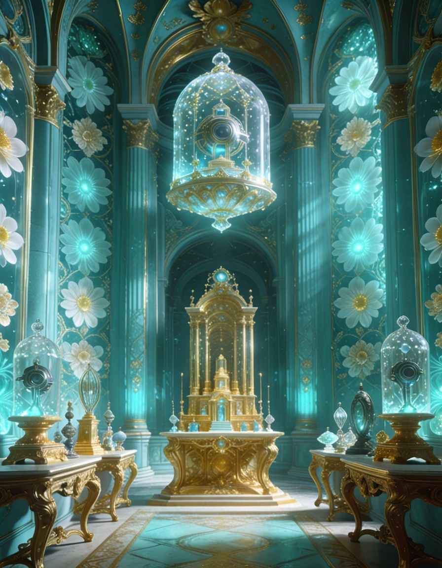 post-human rococo offering chamber,  alien artifacts arranged on Louis XV consoles,  gilded altars too tall for human hand...