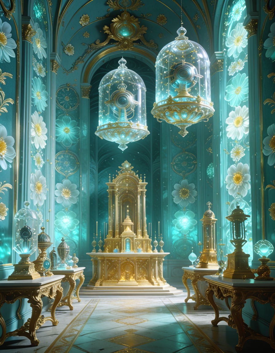 post-human rococo offering chamber,  alien artifacts arranged on Louis XV consoles,  gilded altars too tall for human hand...