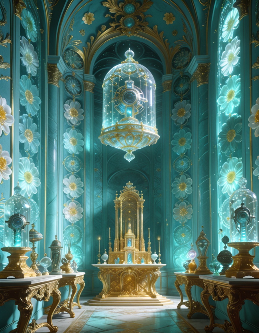 post-human rococo offering chamber,  alien artifacts arranged on Louis XV consoles,  gilded altars too tall for human hand...