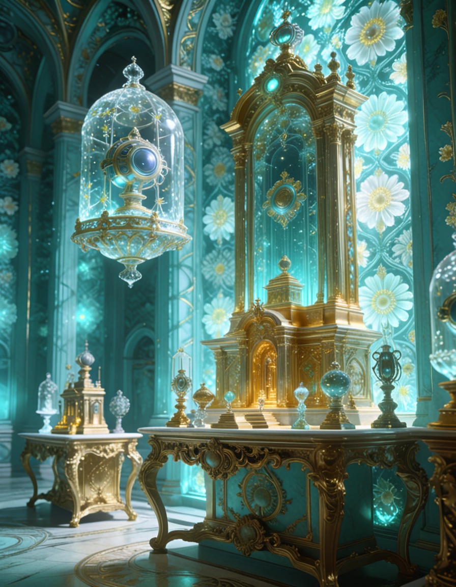 post-human rococo offering chamber,  alien artifacts arranged on Louis XV consoles,  gilded altars too tall for human hand...