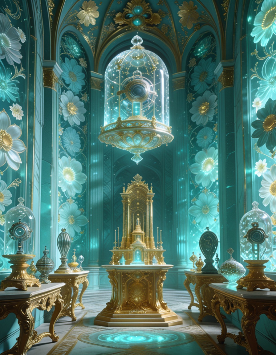 post-human rococo offering chamber,  alien artifacts arranged on Louis XV consoles,  gilded altars too tall for human hand...