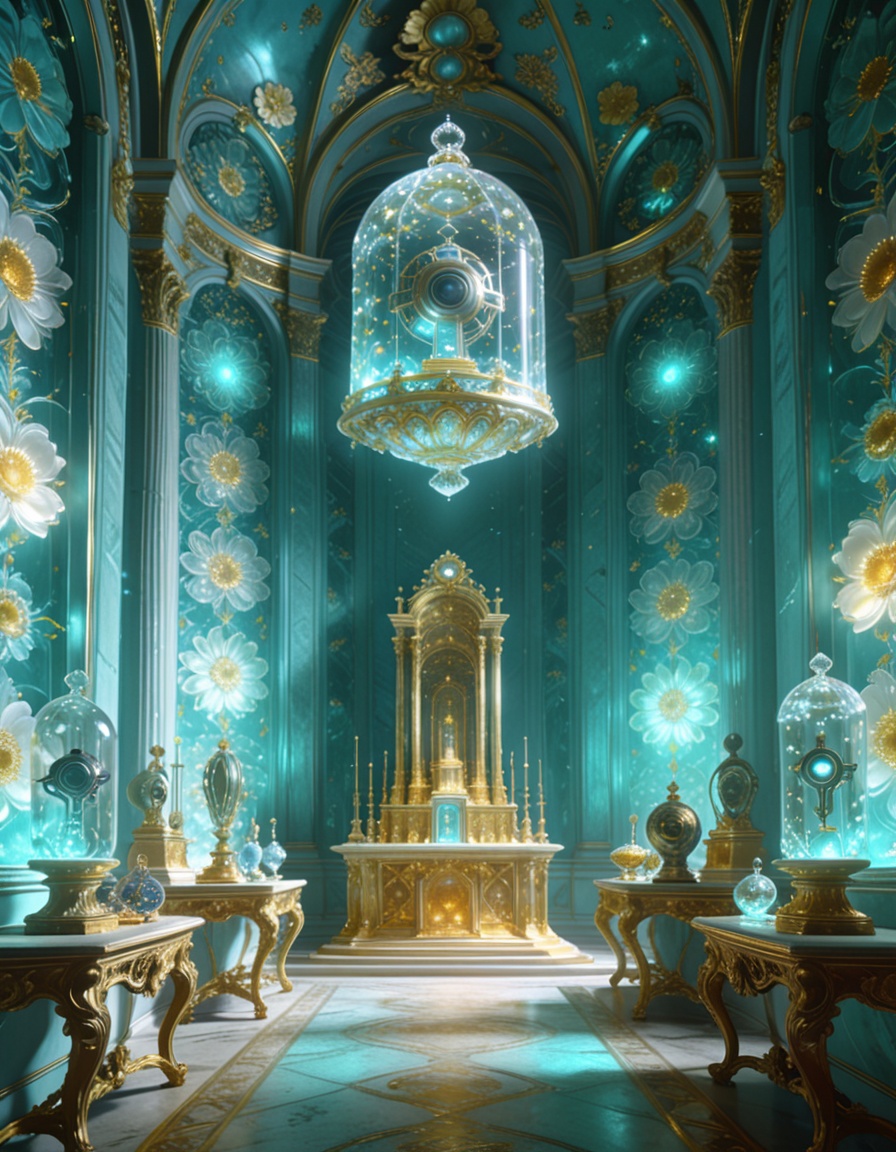 post-human rococo offering chamber,  alien artifacts arranged on Louis XV consoles,  gilded altars too tall for human hand...