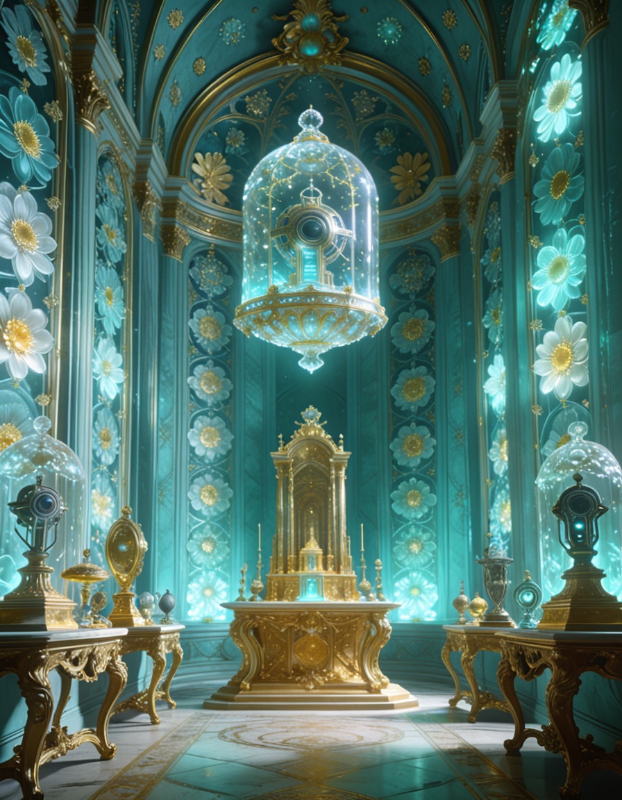 post-human rococo offering chamber,  alien artifacts arranged on Louis XV consoles,  gilded altars too tall for human hand...