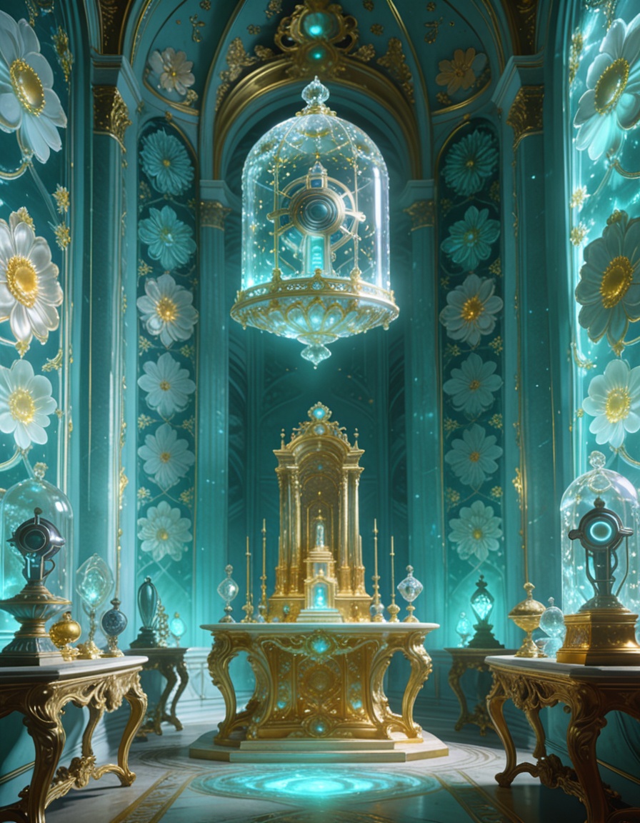 post-human rococo offering chamber,  alien artifacts arranged on Louis XV consoles,  gilded altars too tall for human hand...