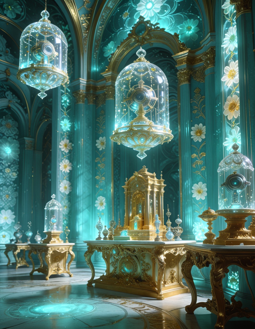 post-human rococo offering chamber,  alien artifacts arranged on Louis XV consoles,  gilded altars too tall for human hand...