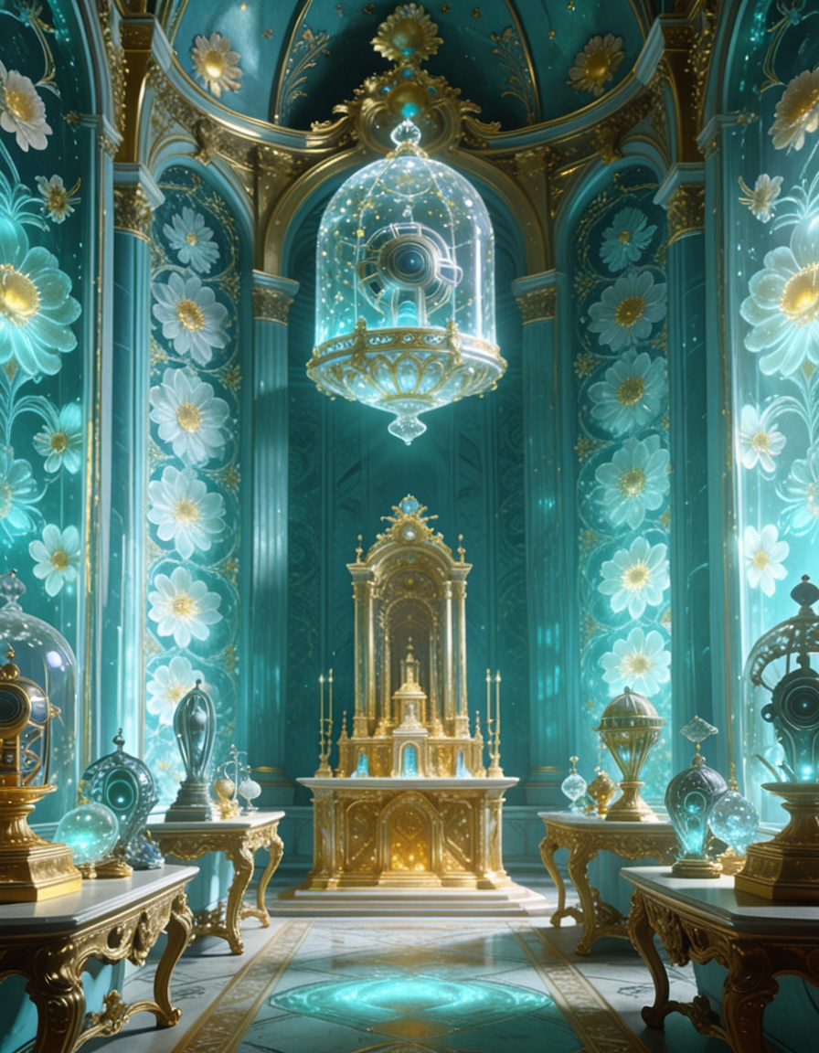 post-human rococo offering chamber,  alien artifacts arranged on Louis XV consoles,  gilded altars too tall for human hand...