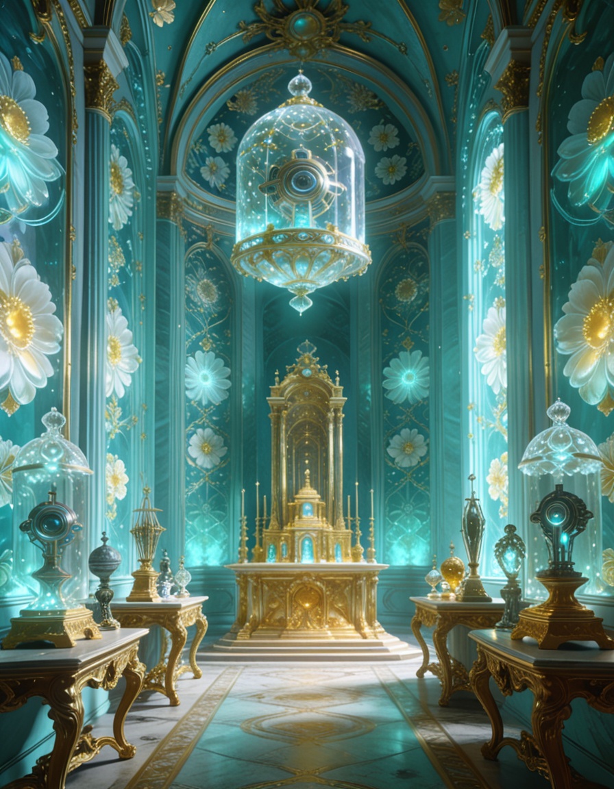 post-human rococo offering chamber,  alien artifacts arranged on Louis XV consoles,  gilded altars too tall for human hand...
