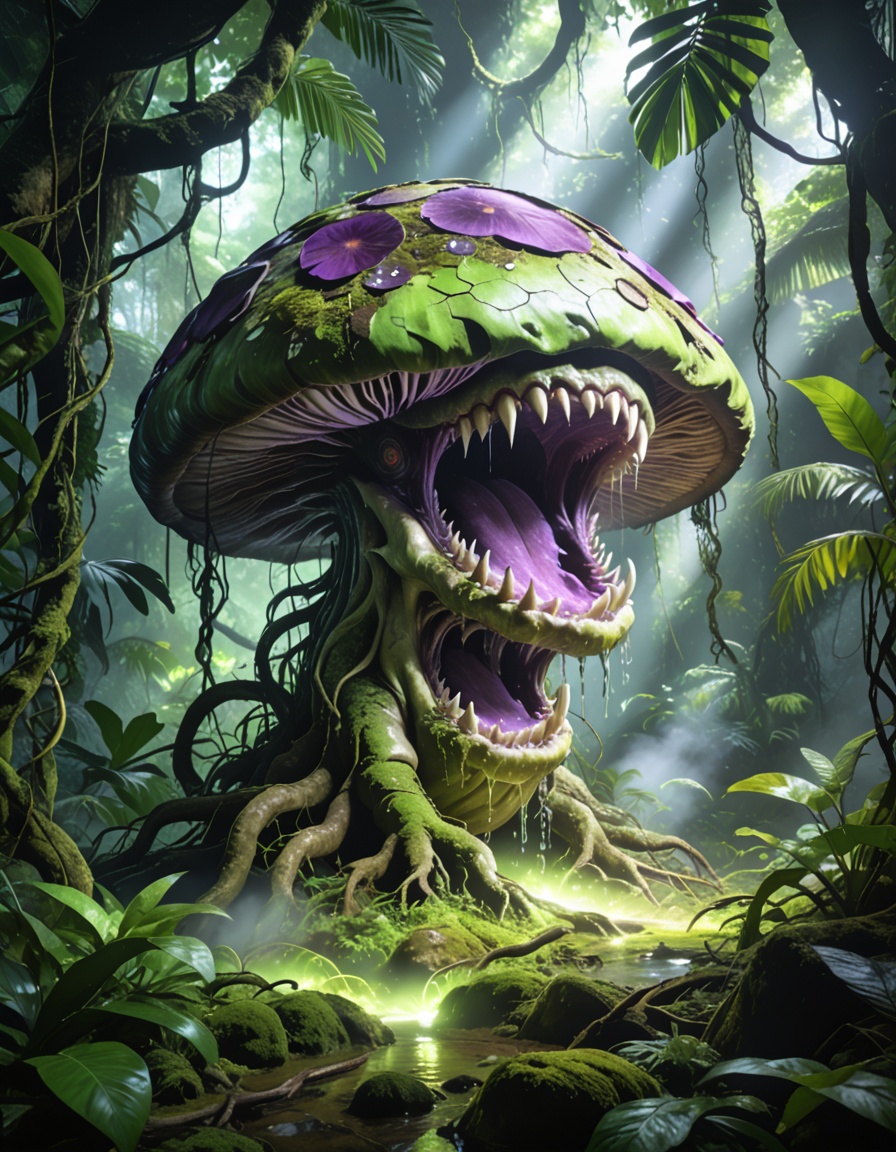 enormous carnivorous mushr00mbackground focus,  no humans,  dense tropical jungle on Tensor.Art
