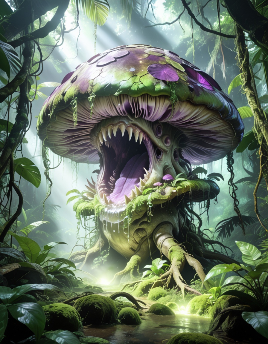 enormous carnivorous mushr00mbackground focus,  no humans,  dense tropical jungle on Tensor.Art