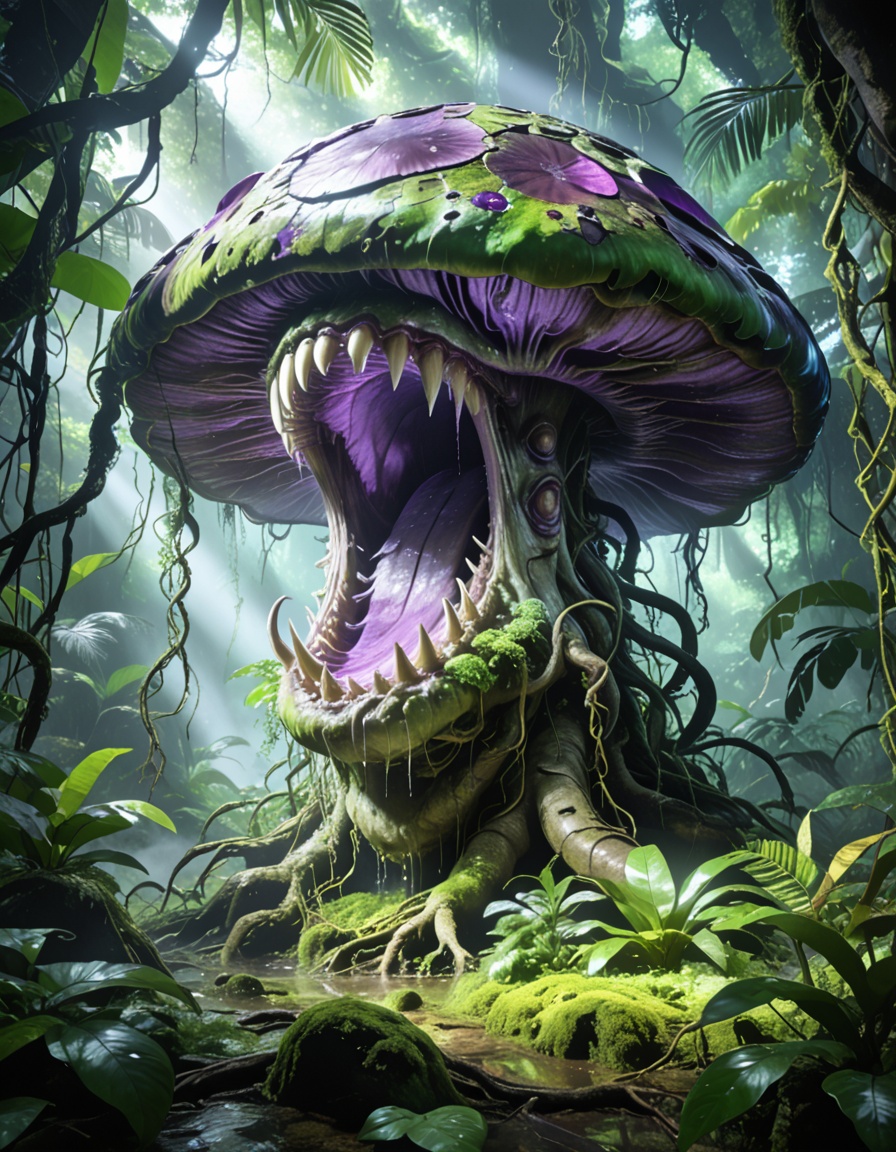enormous carnivorous mushr00mbackground focus,  no humans,  dense tropical jungle on Tensor.Art
