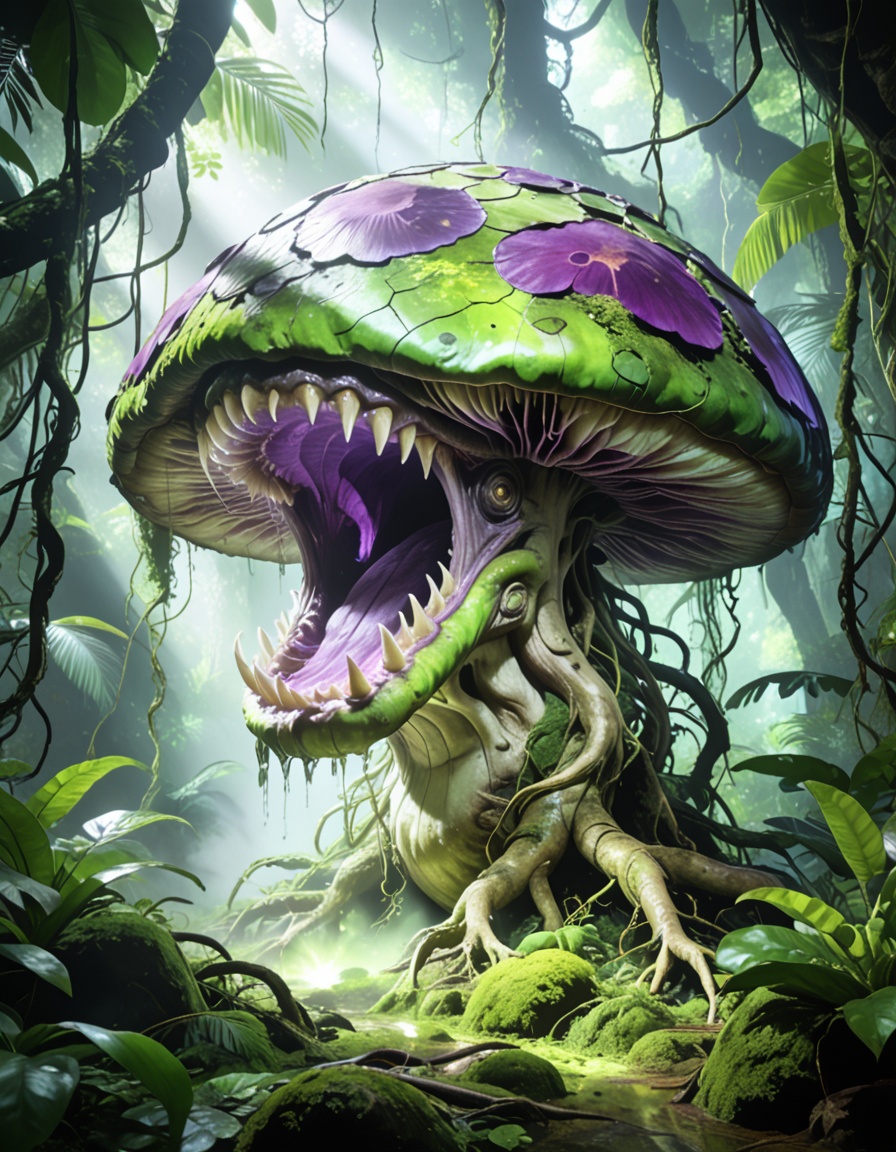 enormous carnivorous mushr00mbackground focus,  no humans,  dense tropical jungle on Tensor.Art