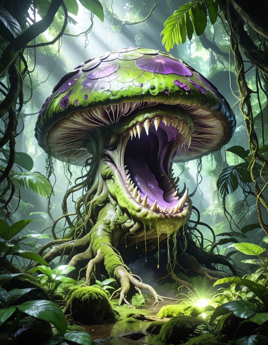 enormous carnivorous mushr00mbackground focus,  no humans,  dense tropical jungle on Tensor.Art