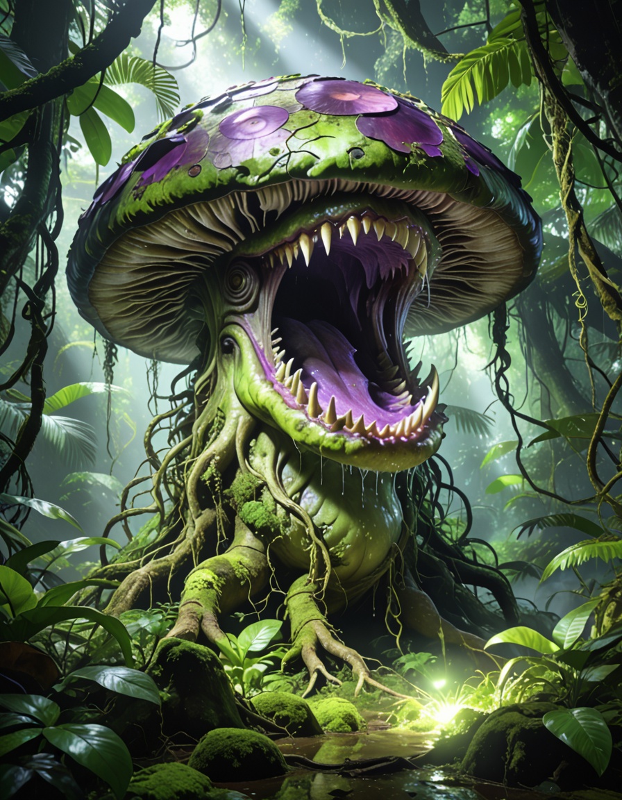 enormous carnivorous mushr00mbackground focus,  no humans,  dense tropical jungle on Tensor.Art