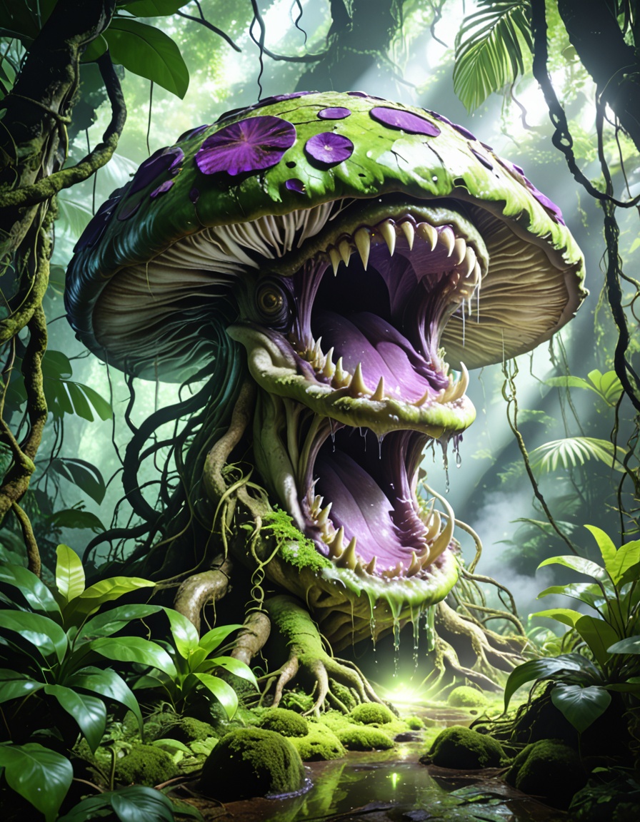 enormous carnivorous mushr00mbackground focus,  no humans,  dense tropical jungle on Tensor.Art