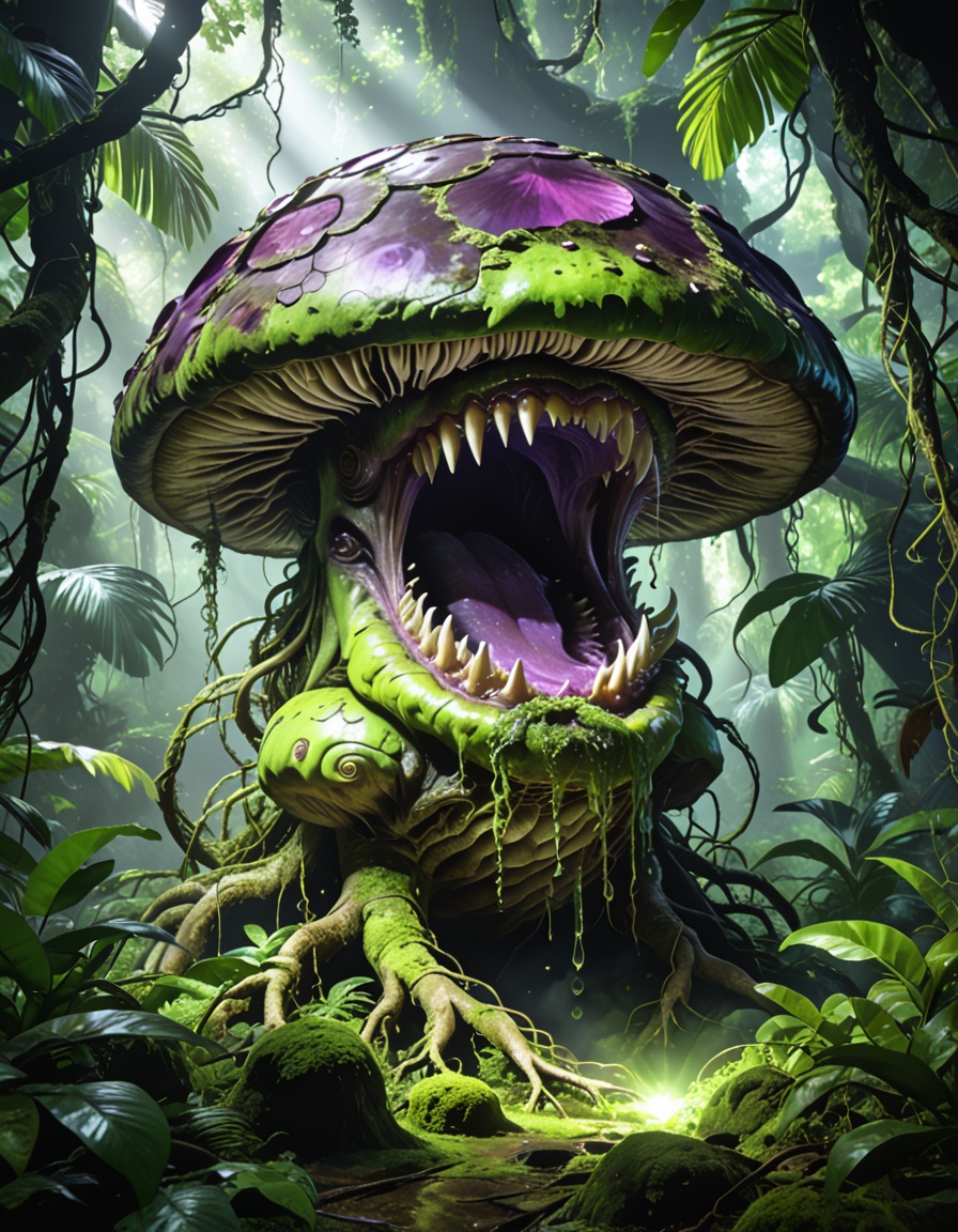 enormous carnivorous mushr00mbackground focus,  no humans,  dense tropical jungle on Tensor.Art