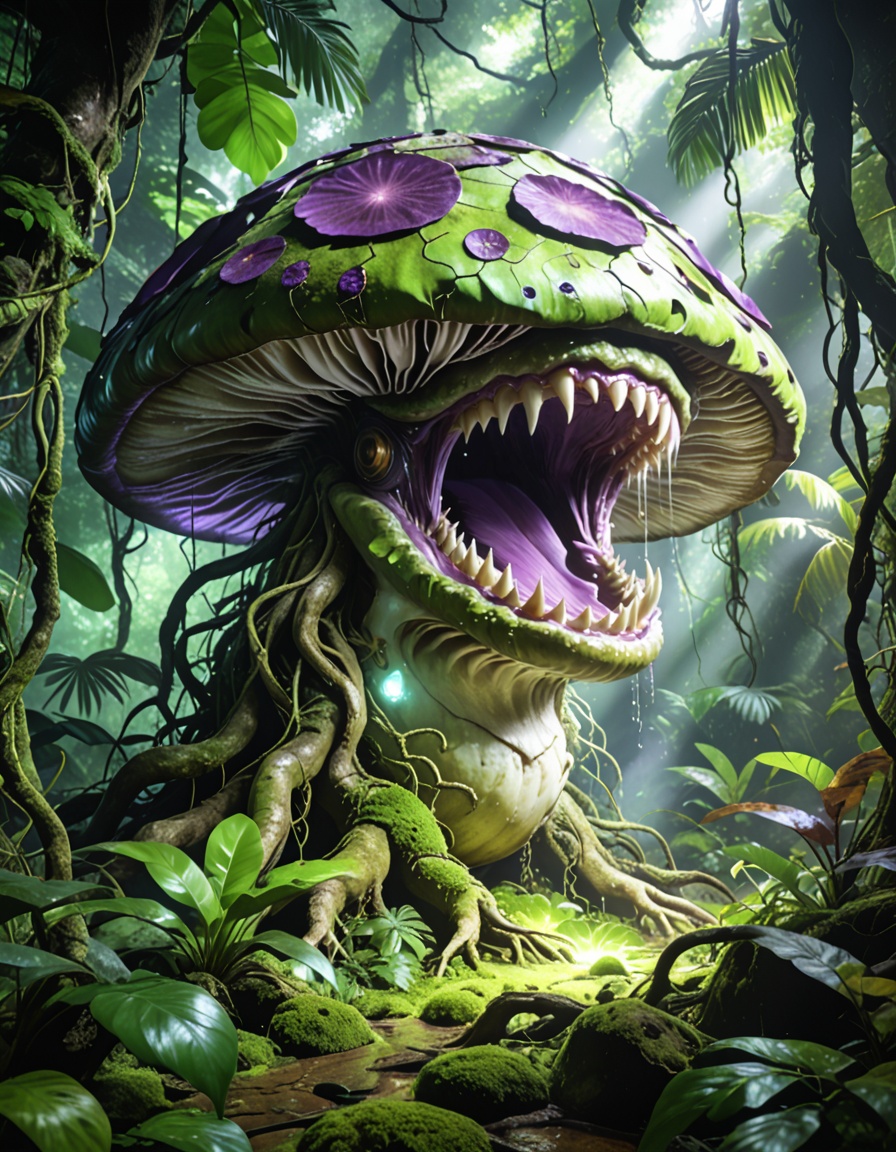 enormous carnivorous mushr00mbackground focus,  no humans,  dense tropical jungle on Tensor.Art