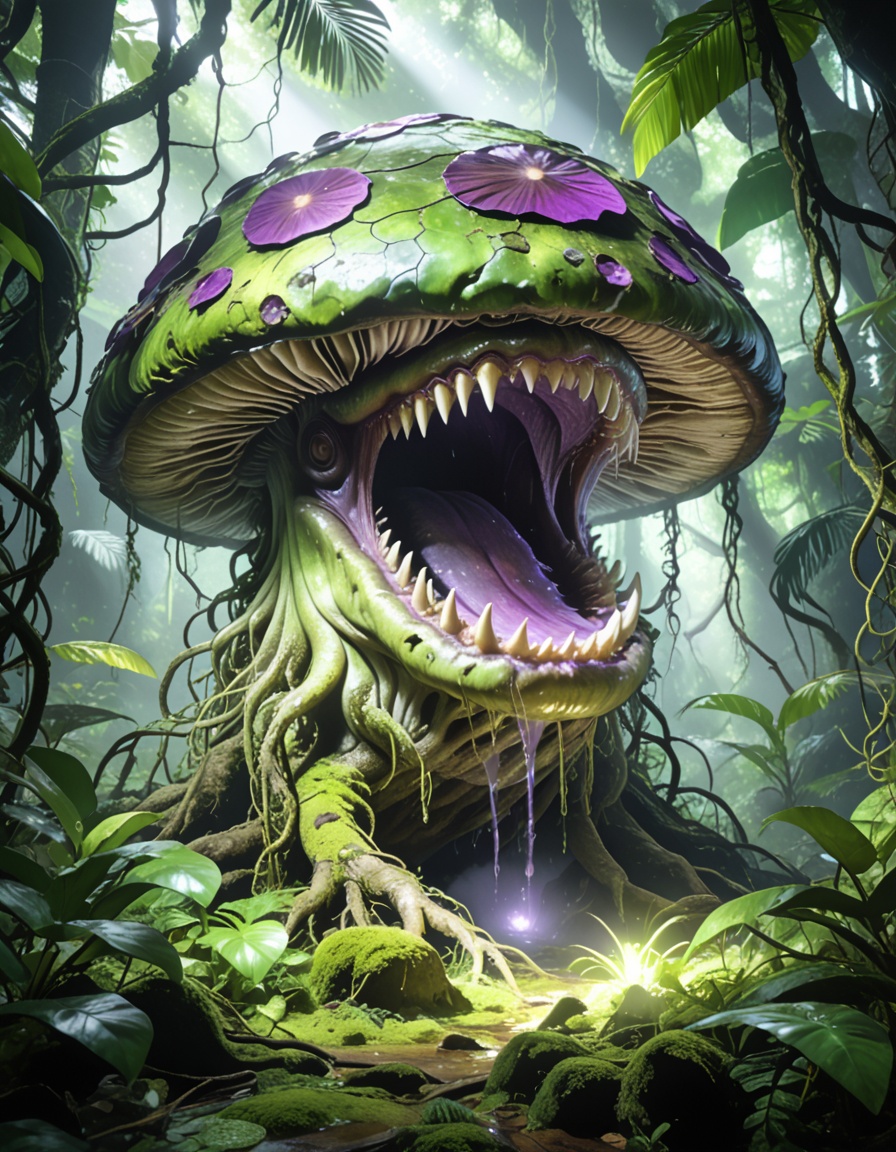 enormous carnivorous mushr00mbackground focus,  no humans,  dense tropical jungle on Tensor.Art