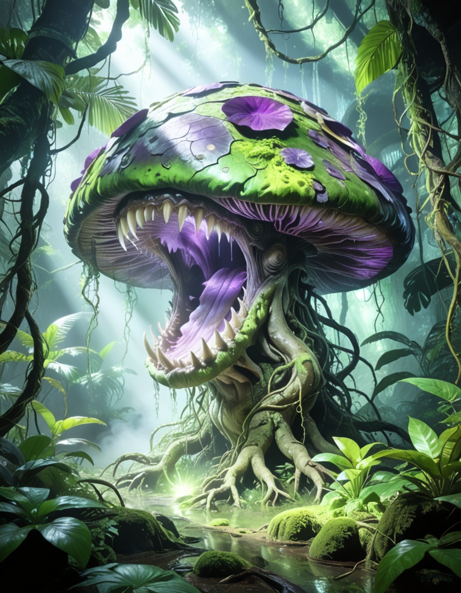 enormous carnivorous mushr00mbackground focus,  no humans,  dense tropical jungle on Tensor.Art