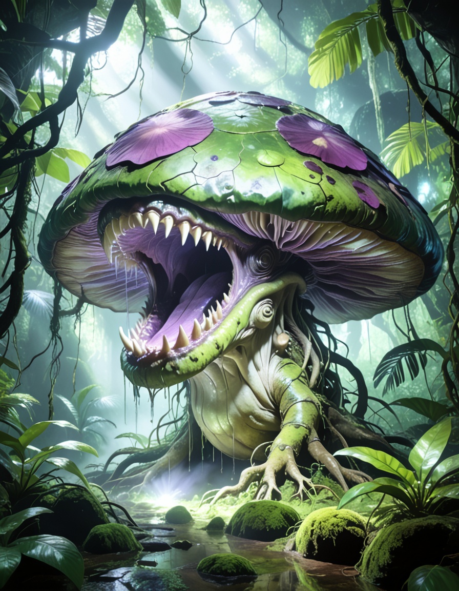 enormous carnivorous mushr00mbackground focus,  no humans,  dense tropical jungle on Tensor.Art