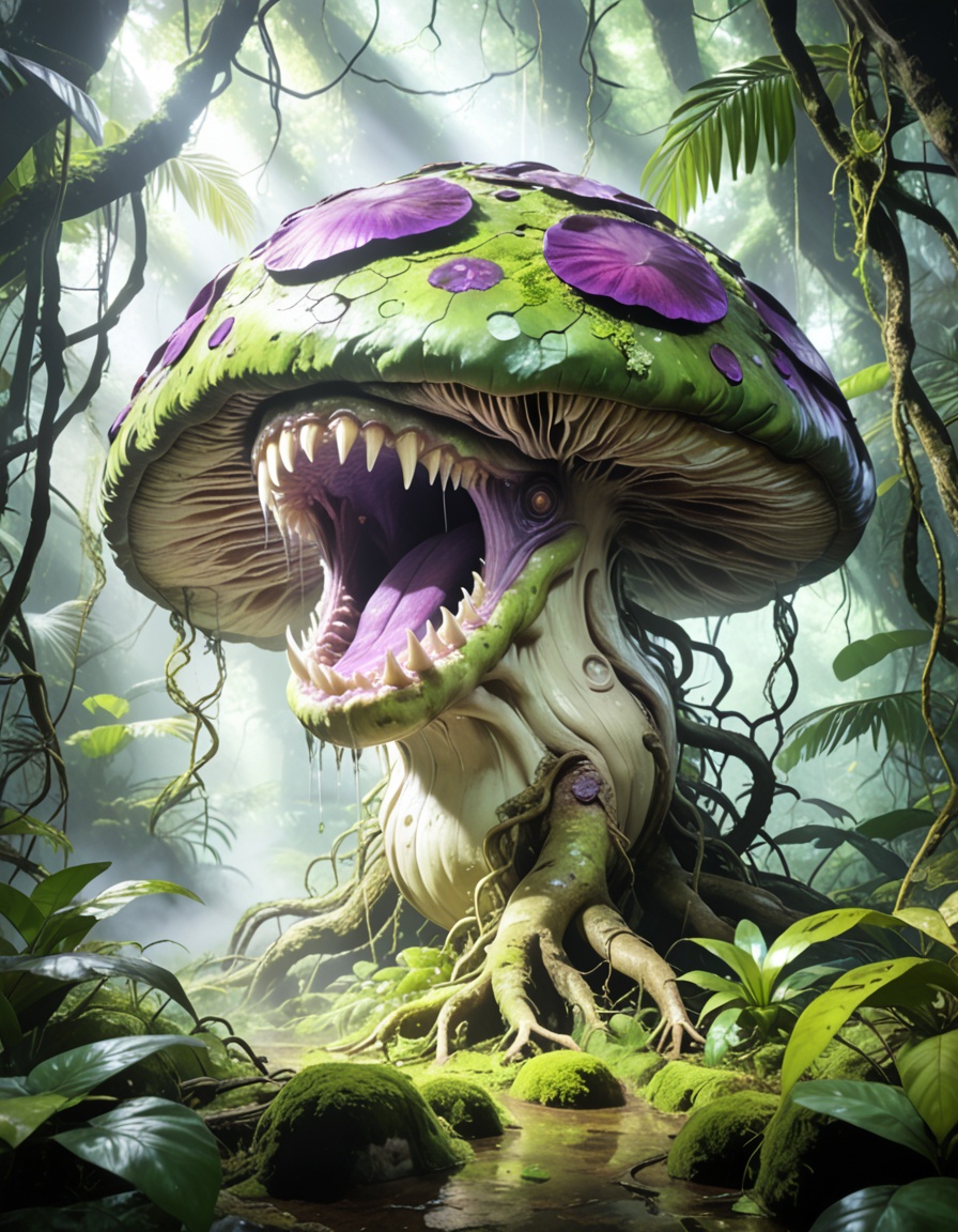 enormous carnivorous mushr00mbackground focus,  no humans,  dense tropical jungle on Tensor.Art
