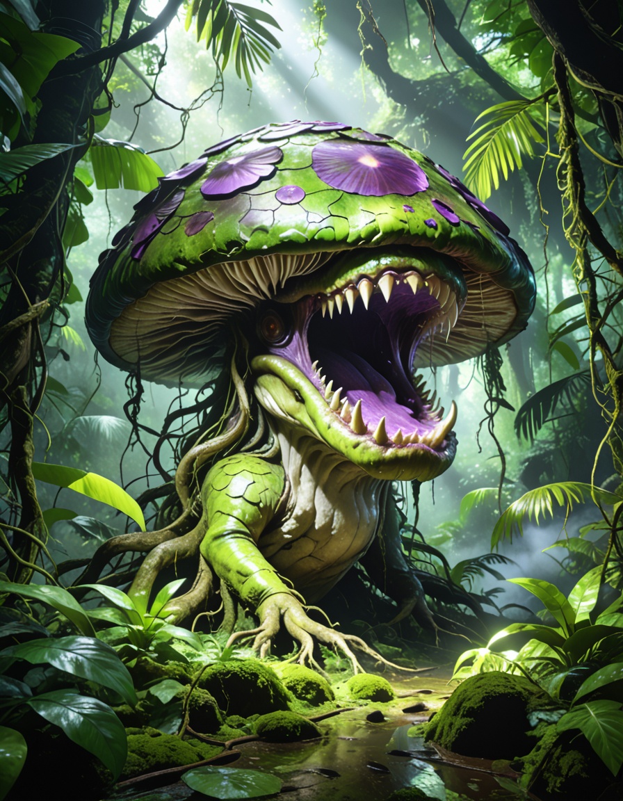 enormous carnivorous mushr00mbackground focus,  no humans,  dense tropical jungle on Tensor.Art