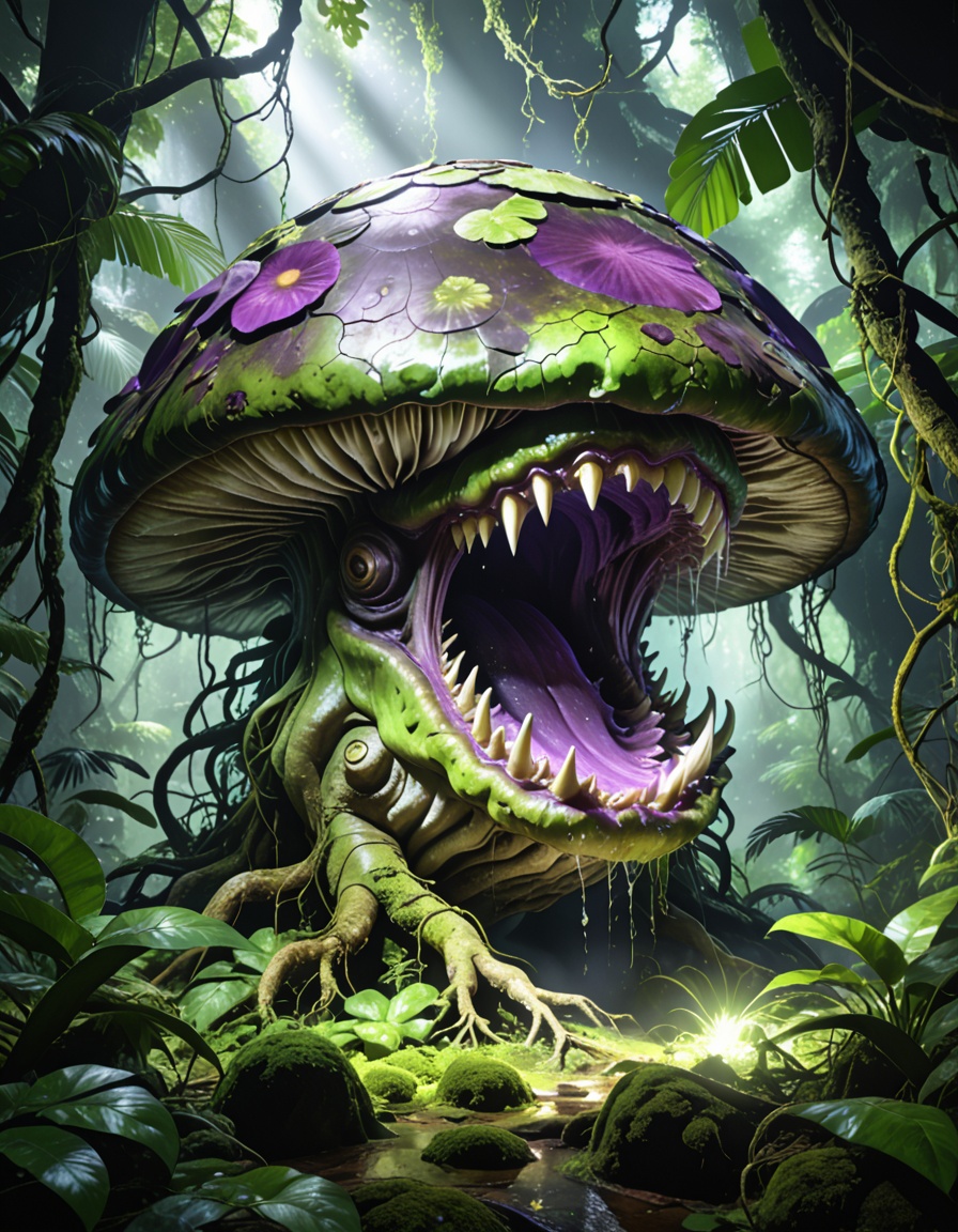 enormous carnivorous mushr00mbackground focus,  no humans,  dense tropical jungle on Tensor.Art
