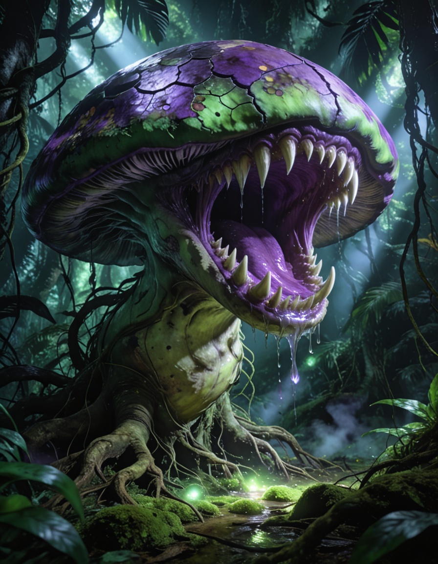 enormous carnivorous mushr00mbackground focus,  no humans,  dense tropical jungle on Tensor.Art