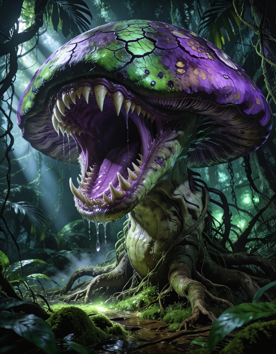 enormous carnivorous mushr00mbackground focus,  no humans,  dense tropical jungle on Tensor.Art